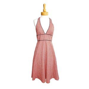 J Crew Halter Sundress Red & White Print Blue Trim V-Neck Casual Party Beach 8